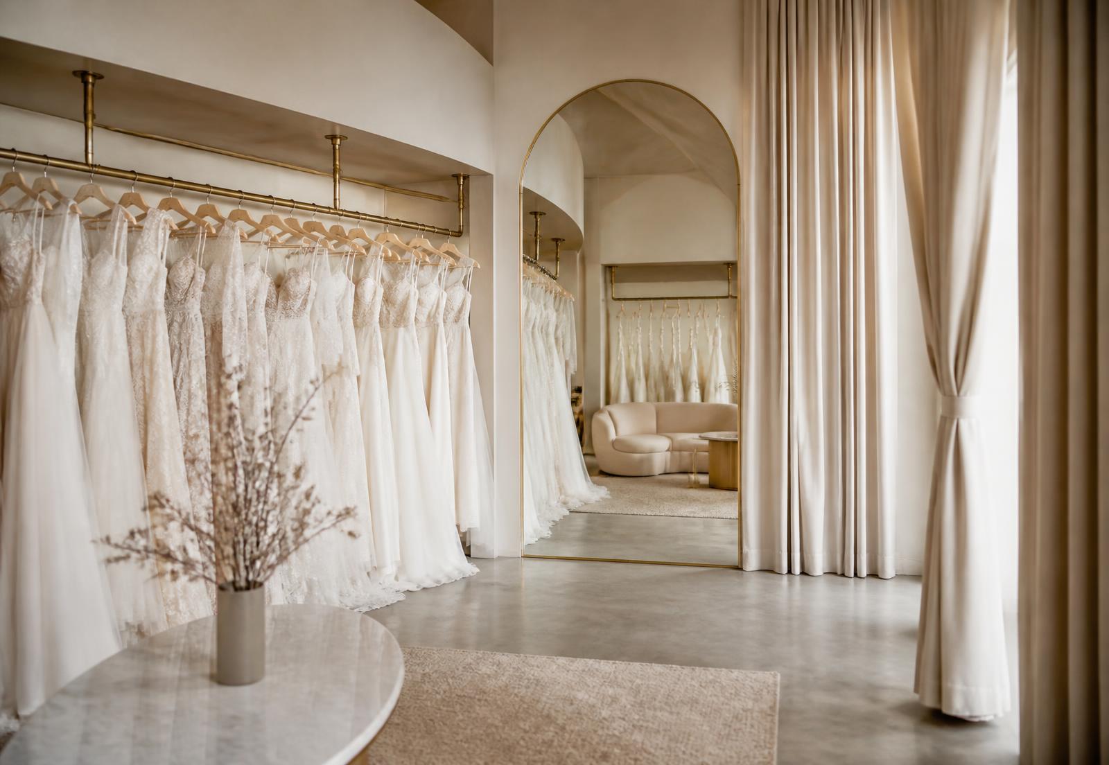 Interior da boutique com vestidos de noiva em araras douradas