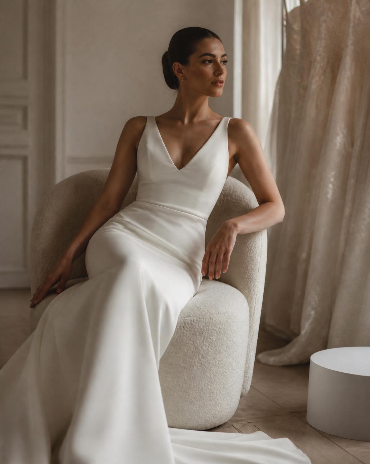 Noiva sentada em poltrona com vestido de crepe minimalista