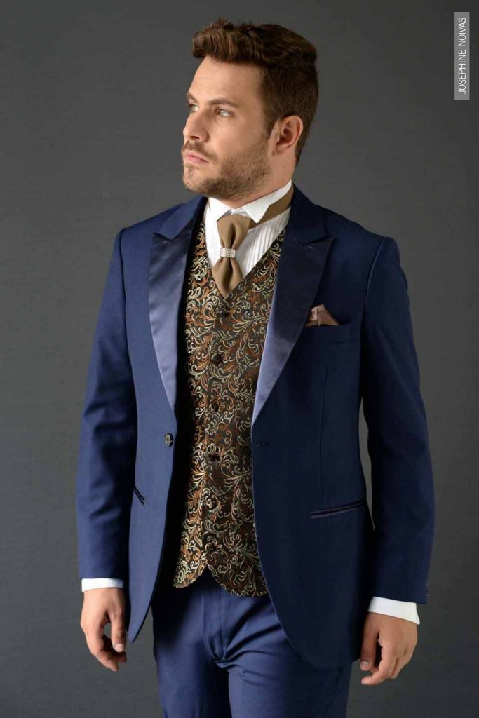Traje de Noivo - Azul Marinho com Colete estampado