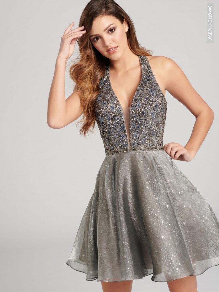 Vestido de Debutante curto saia roda na cor cinza